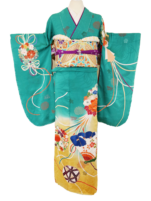 マラカイトグリーンに花薬玉と扇の小振袖【hou53】