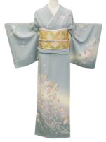 手描き友禅春秋柄の淡い花浅葱色の訪問着【hou07】
