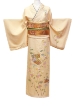 手描き友禅桜や桐、花の本の蜂蜜色の訪問着【hou08】