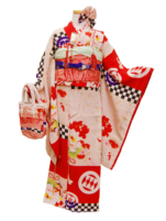 ピンク色に牡丹と梅、赤地に家紋と市松紋様の七歳祝着【kod01】