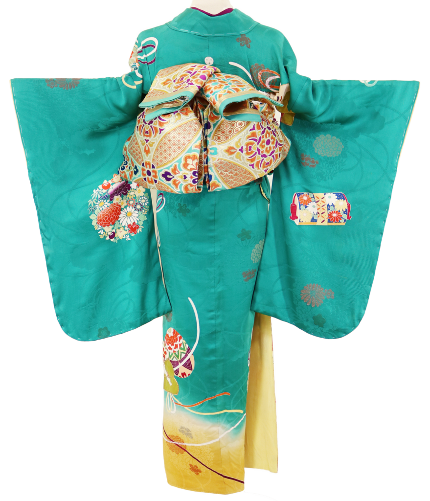 マラカイトグリーンに花薬玉と扇の小振袖【hou53】