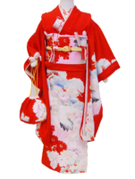 赤地にパステルカラーの鶴、松、菊の七歳祝着【kod02】