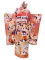 珊瑚色に菊や南天、蛤紋様の七歳祝着【kod03】