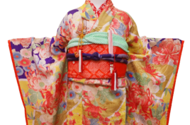黄色と紫色に牡丹や乱菊が咲く七歳祝着【kod20】