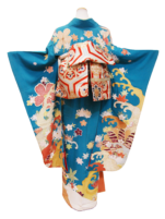 薄藍色に金泥の波、花の振袖【fui09】