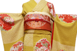 からし色に花丸紋様の小振袖【hou36】