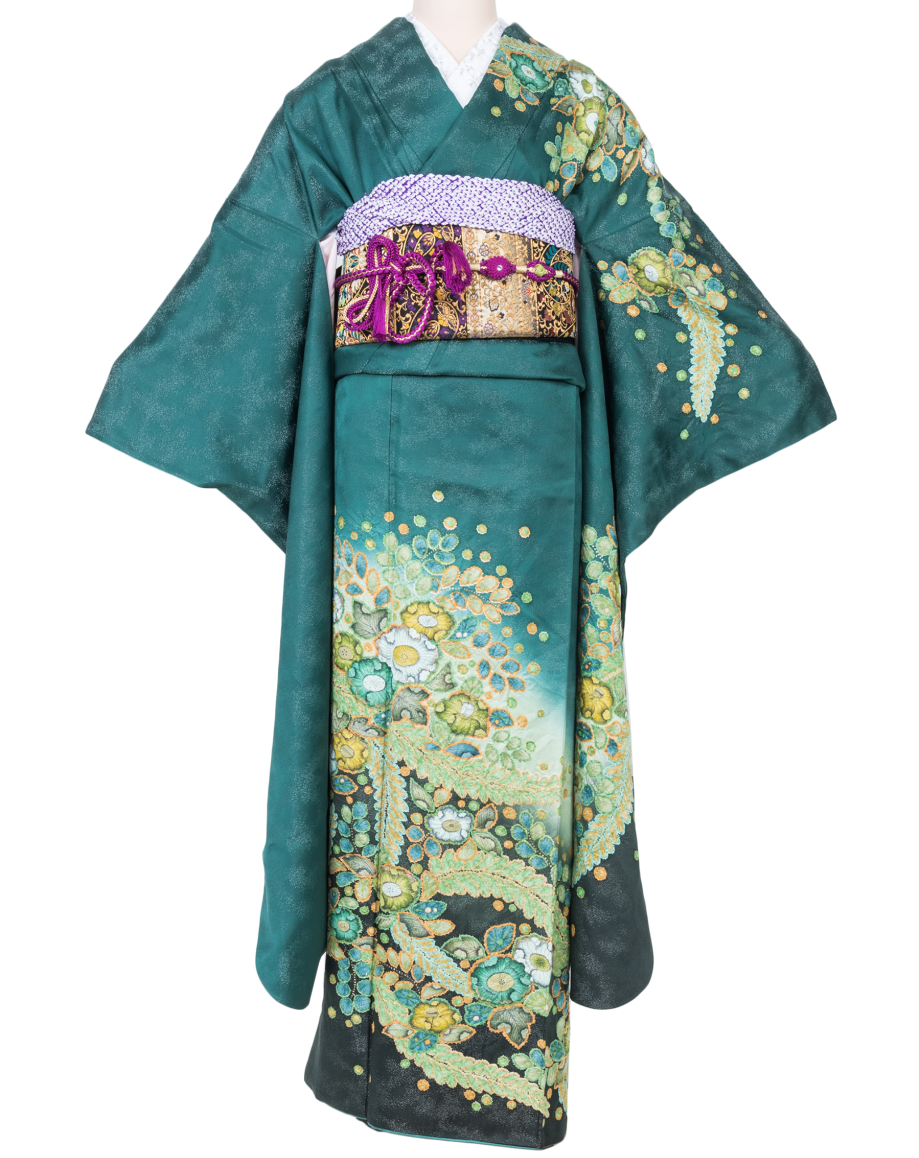 渋いグリーンに辻が華染めの色振袖【fui60】