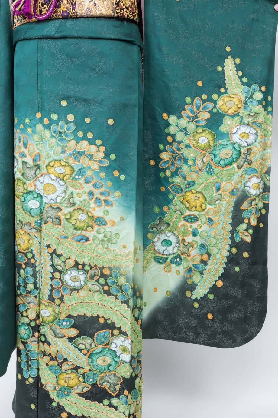 渋いグリーンに辻が華染めの色振袖【fui60】