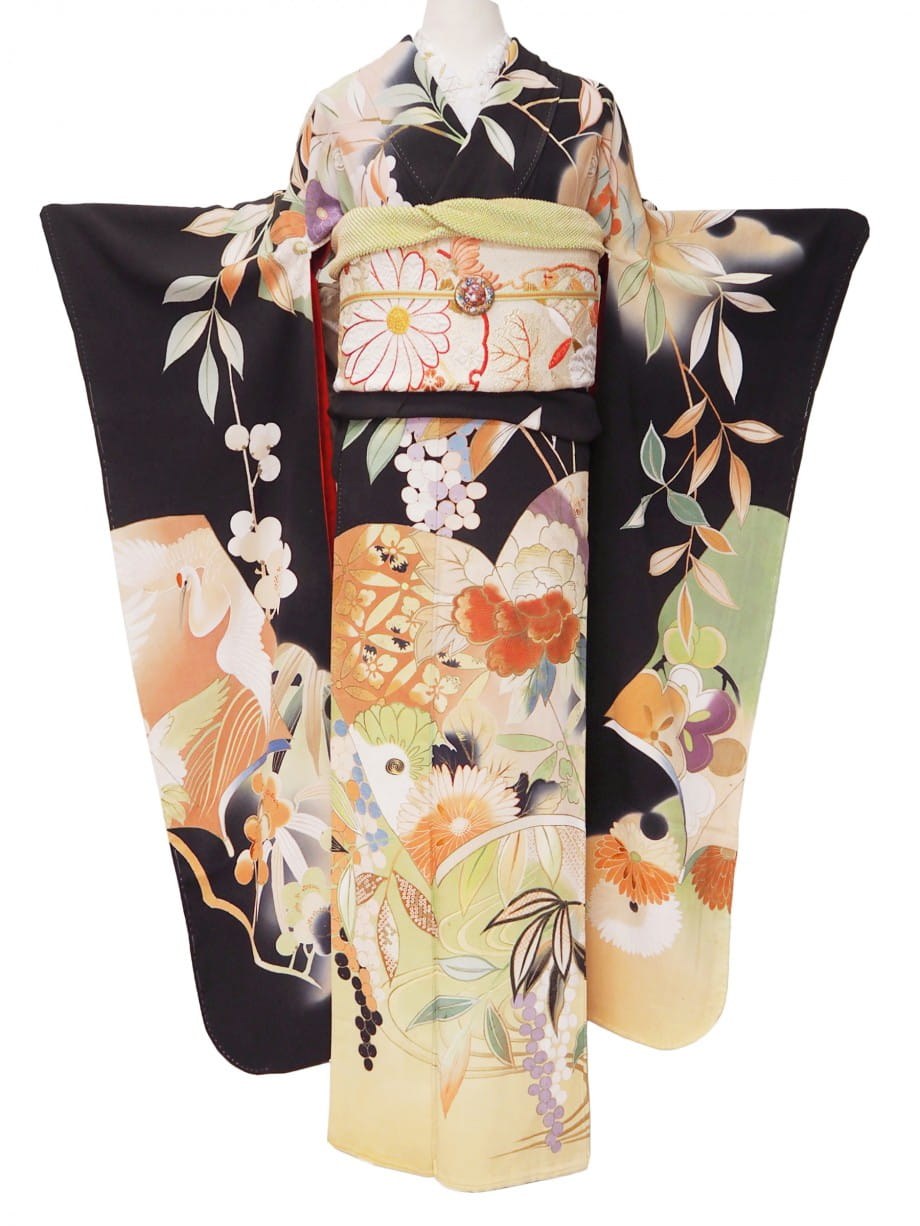 花の本と南天の黒振袖【fuk24】