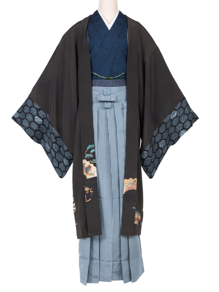 濃紺の紬きものにオリジナル長羽織のアンサンブル【men11】