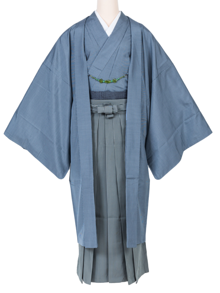 藍色地に絣柄の大島紬きものと羽織に縞袴【men14】